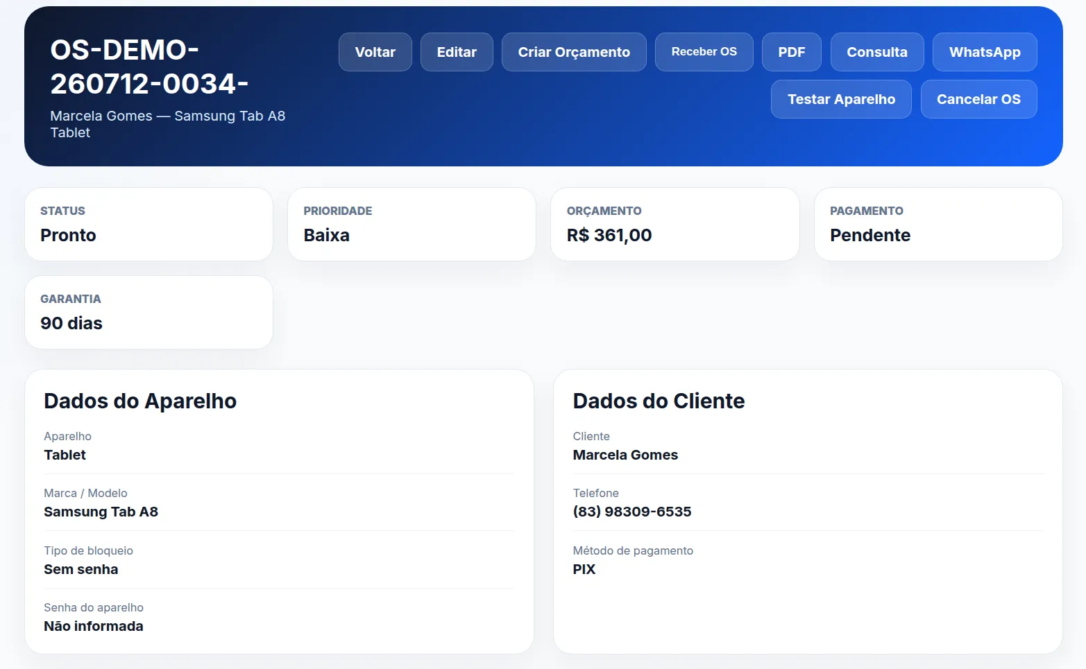 Tela de detalhes de uma ordem de serviço no FluxOS